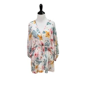 Sweet Rain Women’s Size XL Chiffon Blouse Top Floral Cinched Waist Dolman Sleeve
